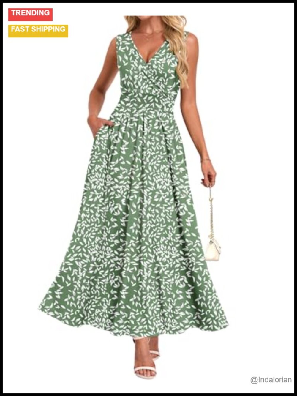 Womens Sleeveless Smocked Maxi Dress with Pockets V Neck